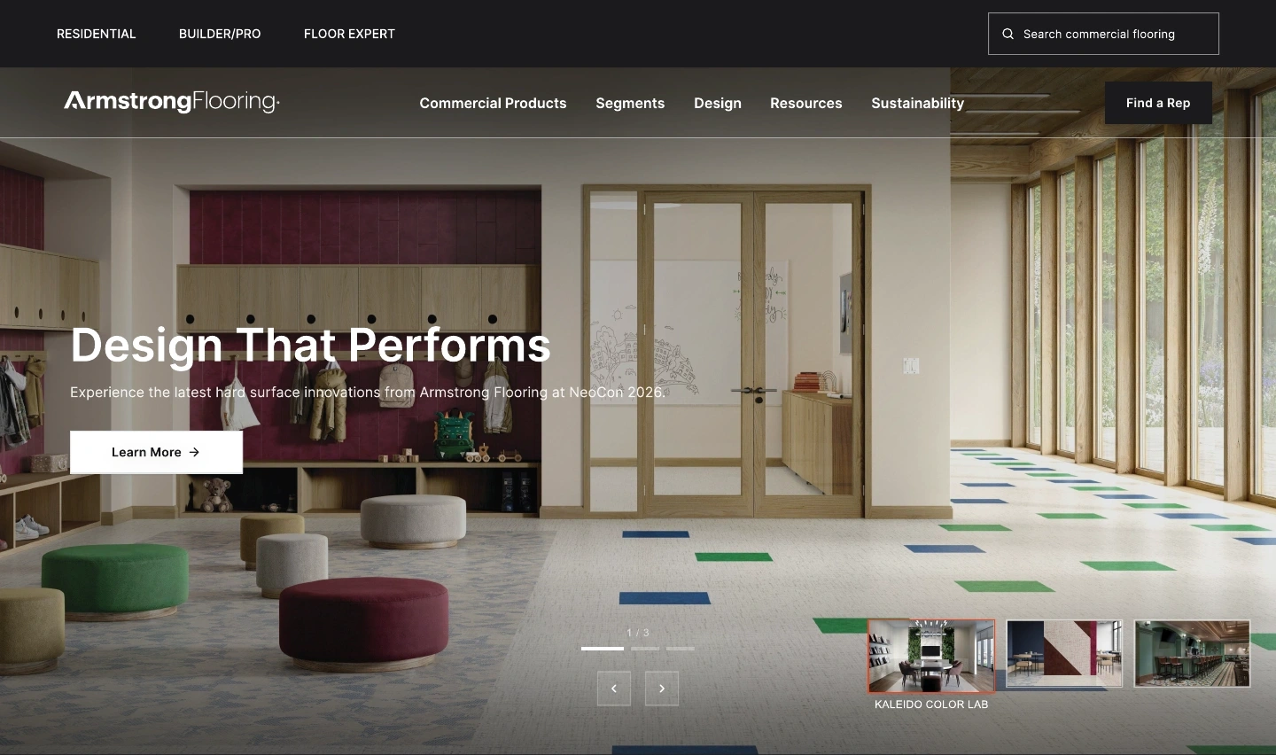 Armstrong Commercial homepage introducing flooring in an education setting