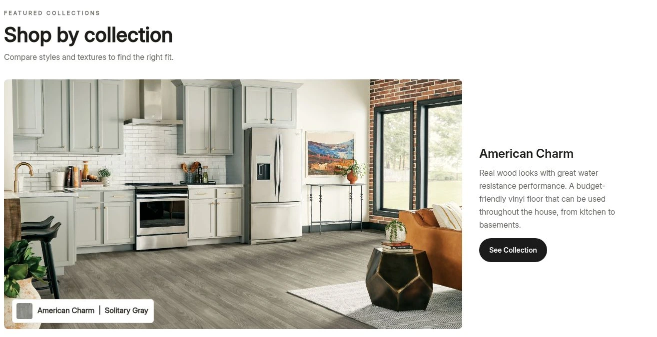 Featured collection section pairing a room photograph with flooring information